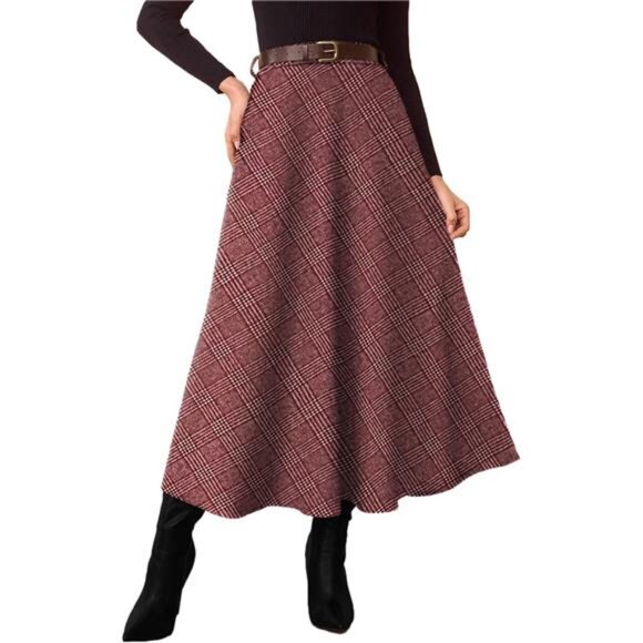Plaid Skirts with Pockets Dark Red - Picture 1 of 6